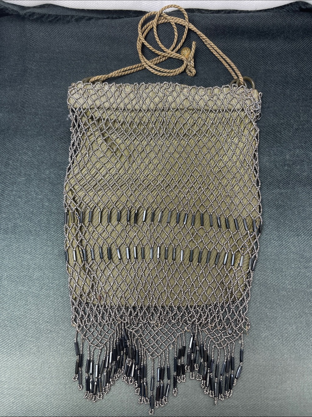 Vintage Beaded Mesh Evening Bag Wristlet Black Silver beads
